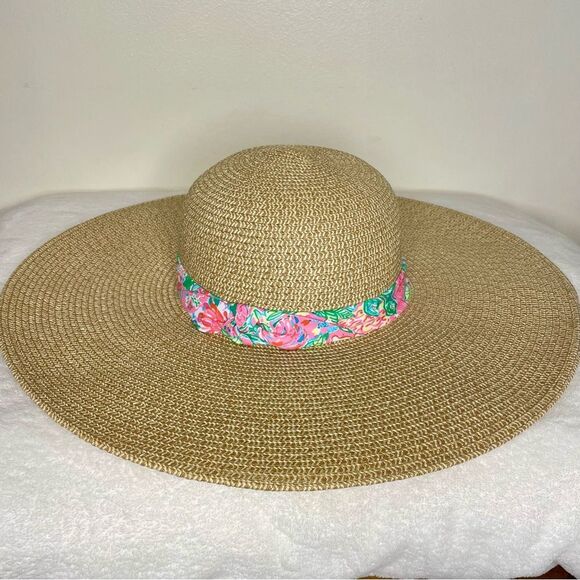 Lilly Pulitzer Sun Hat Wide Brim Floral Coquette Preppy Metallic Tan Pink Green - Picture 4 of 12